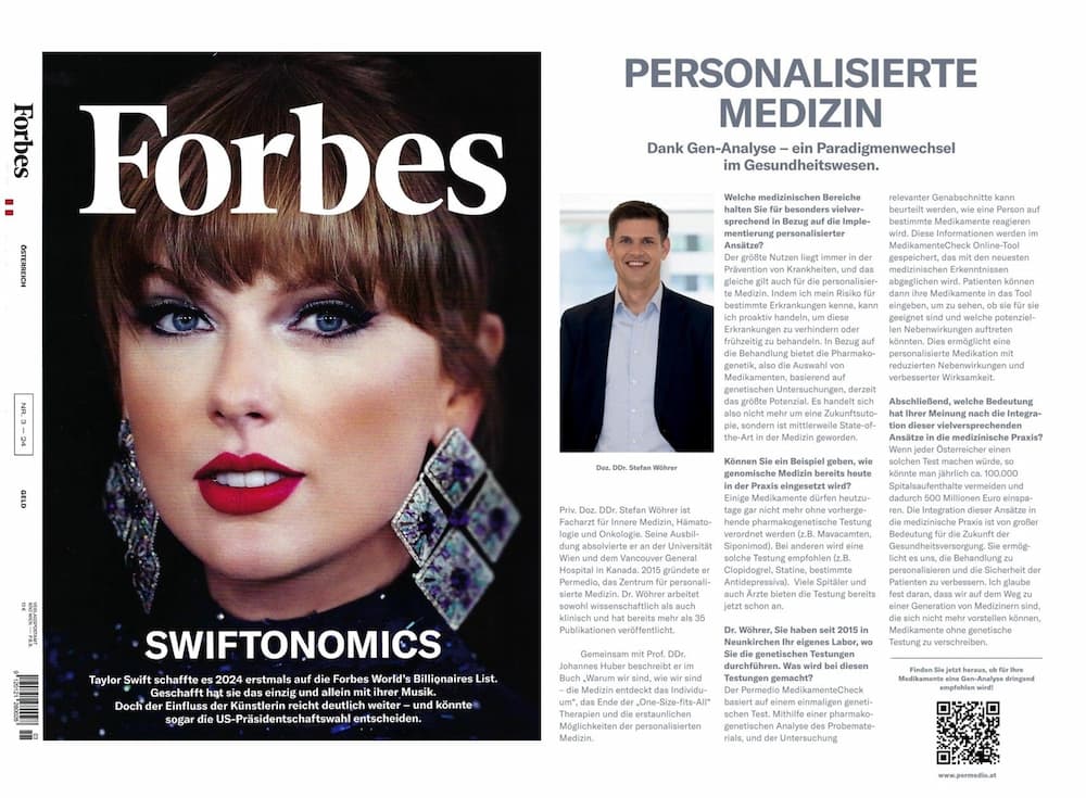 Artikel über personalisierte Medizin mit Dr. Stefan Wöhrer von Permedio. Am Cover ist Taylor Swift