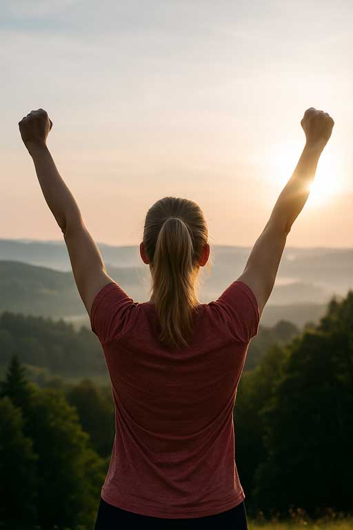 Frau die ihre Arme nach oben reißt 