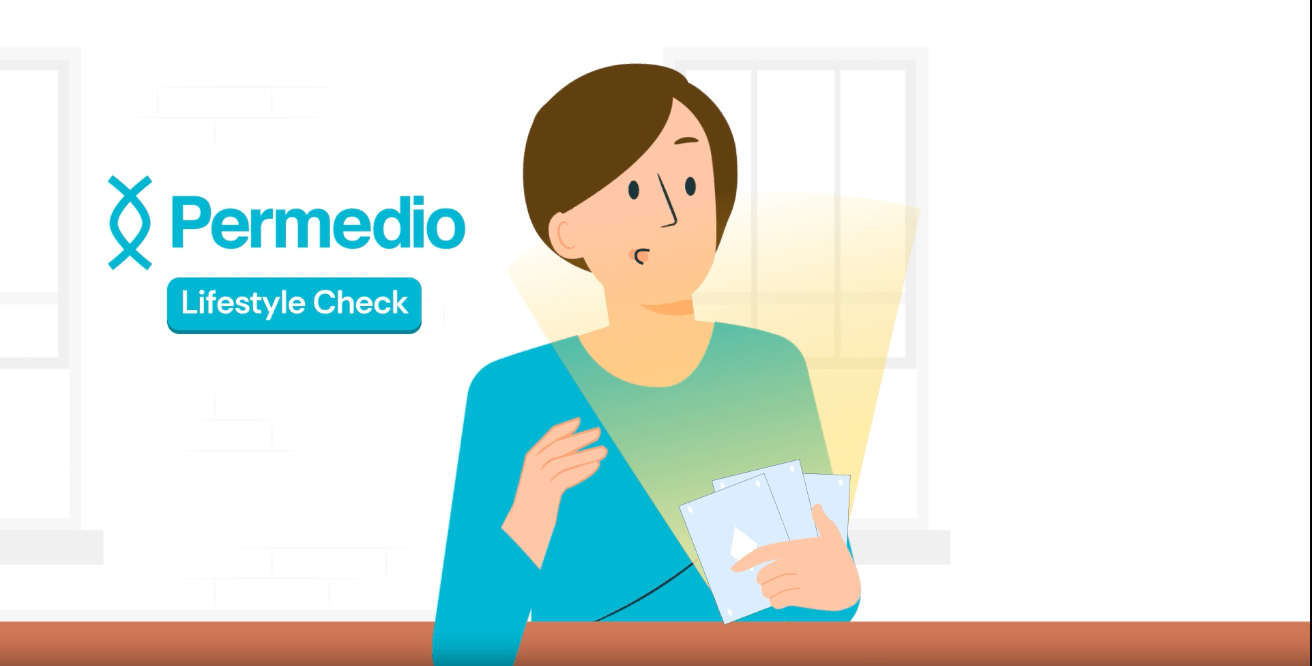 Auschnitt aus dem Video zum Permedio LIfestyleCheck. Illustration einer Frau, die Karten in der Hand hält.
