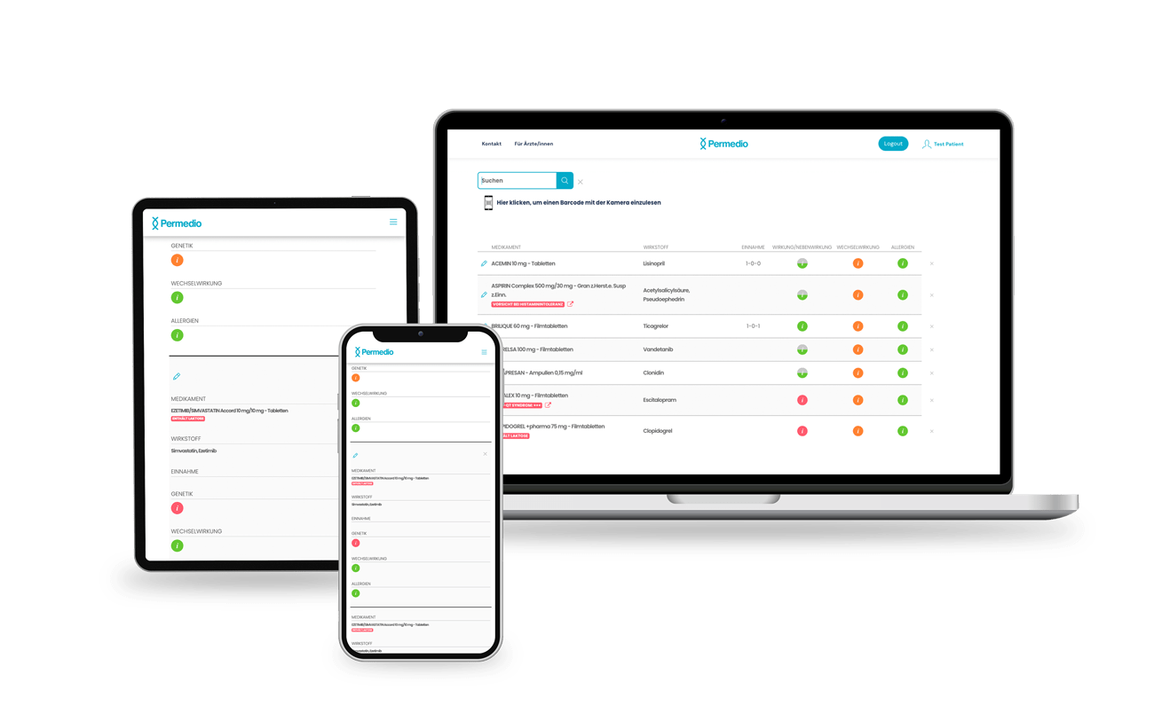 Das Permedio MedikamentCheck Konto auf 3 Devices dargestellt.
