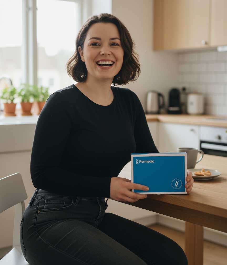 Bild von Frau die Permedio Testkit in der Hand hat und lacht