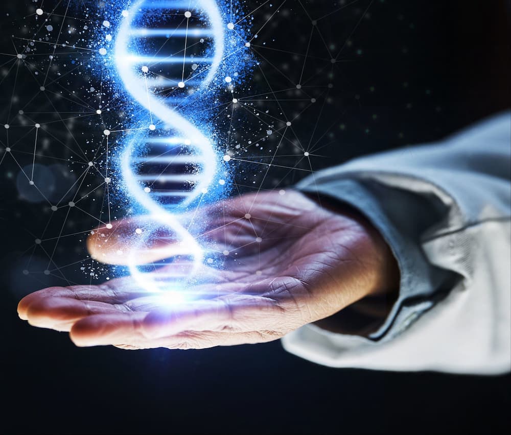 Hand mit leuchtender DNA-Helix – Symbol für Genetik, Analyse und personalisierte Medizin