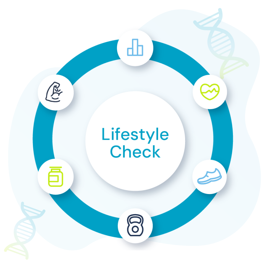 Illustration vom Permedio LifestyleCheck. Ein Kreis mit verschiedenen Icons zum Thema: Kraft, Ernährung, Leistungssteigerung, Training, Wohlbefinden