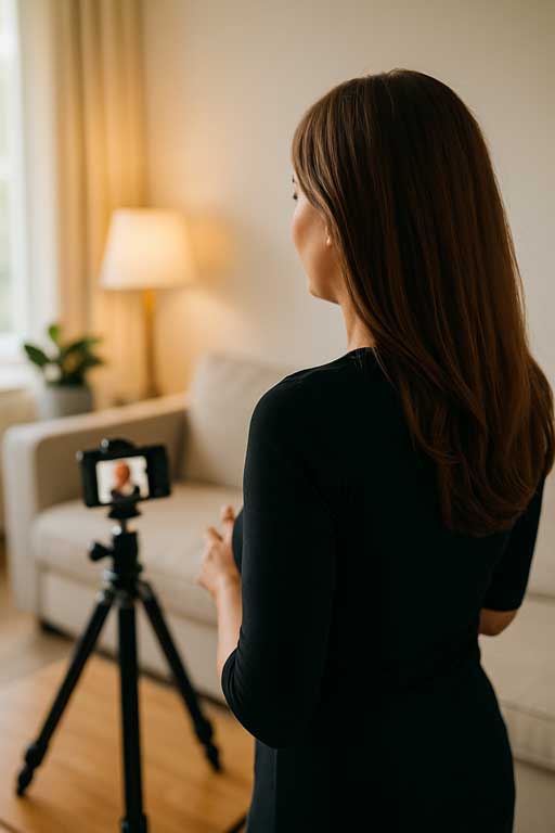 Frau vor ihrer Kamera die sich selbst filmt