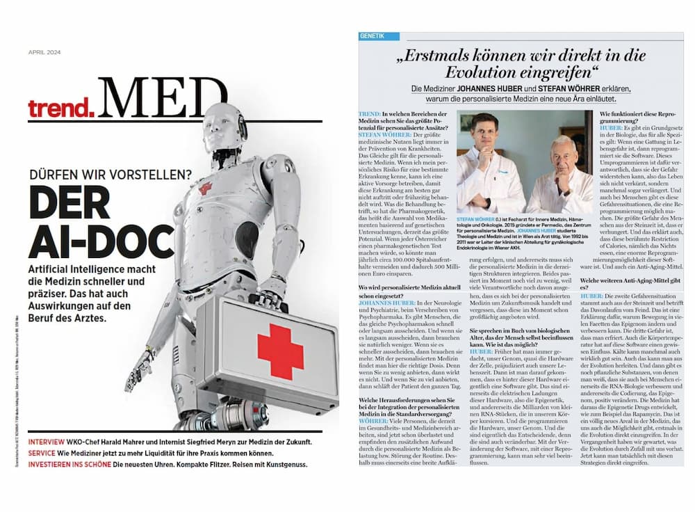 Artikel mit dem Titel "Erstmals können wir in die Evolution eingreifen" aus dem trend.Med Magazin mit Dr. Stefan Wöhrer und Dr. Johannes Huber