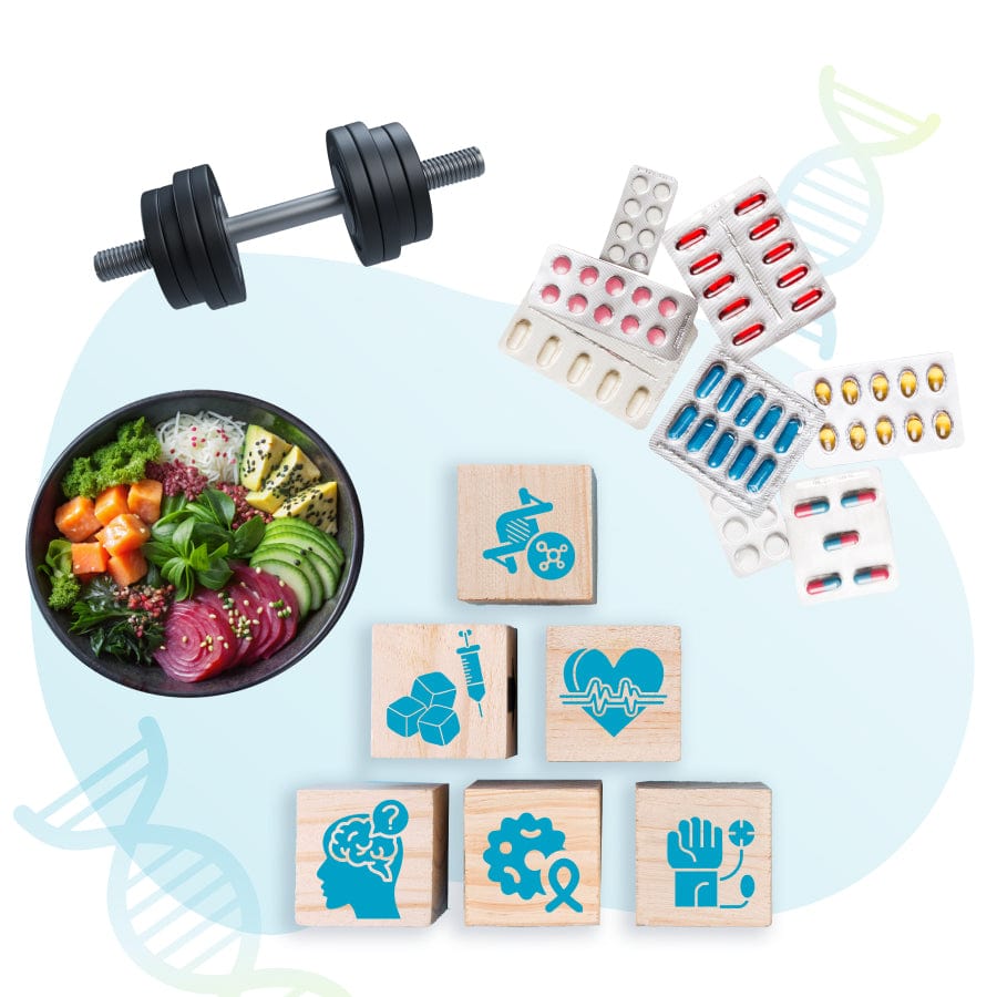 Illustration mit einer Hantel, Medikamenten, einer Bowl und den Healthrisk Bausteinen.